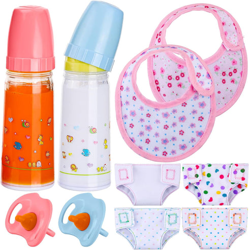 Shappy 10 Pcs Baby Doll Accessories Set Include Disappearing Milk and Juice Bottles, Pacifier, Bibs, Diapers, Baby Doll Feeding Set, Toy Baby Bott...