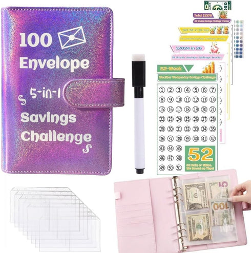 100 Envelope Challenge Binder,2024 Exclusive 52 Weeks / 100 Days 5050 Money Savings Challenges Notebook,5-in-1 Budget Planner, Budget Notebook Bin...