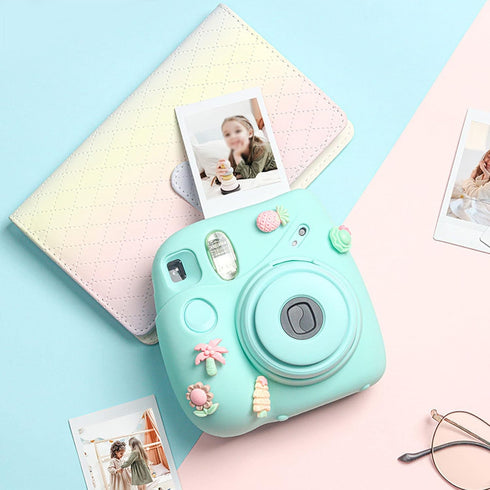 for Instax Mini 7 Plus Camera Silicone Case, Camera Soft Silicone Protective Cover with Adjustable Shoulder Strap (Blue Plant)...