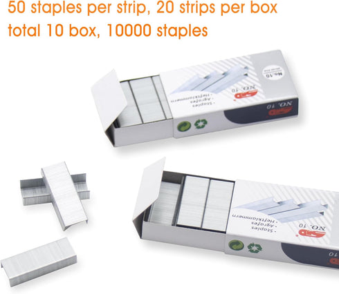 NO.10 Staples, 16 Sheets 80g A4 Paper Binding Capacity, 10,000 staples in total, 10 Boxes/Package, 1,000 pcs per Box...