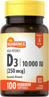Sundance Vitamin D3 10,000 IU (250 mcg) | 100 Softgels | High Potency Formula | Non-GMO and Gluten Free Supplement...