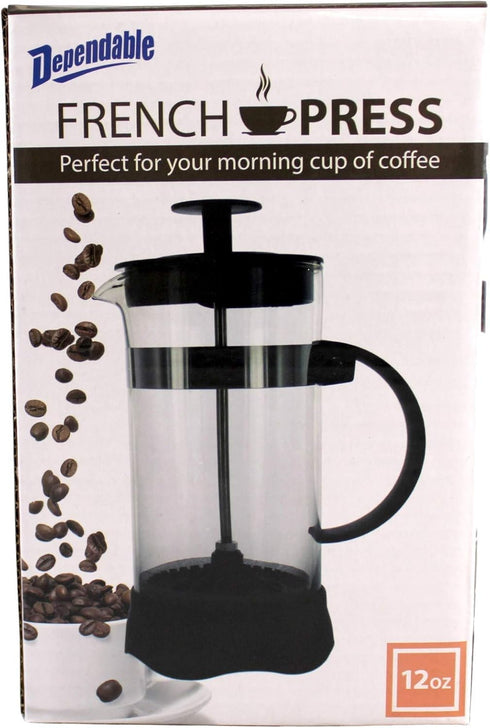 Dependable Industries inc. Essentials 12 Ounce Glass French Press Coffee & Tea Brewer - Single Cup, 3 Cup Espresso Compact, Durable, Easy to Use...