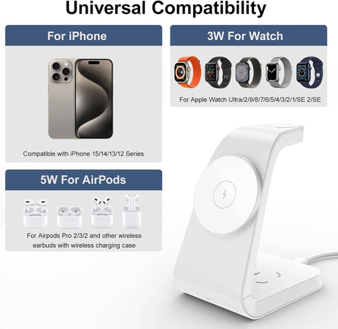 Wireless Charger, Magnetic Wireless Charger Compatible with iPhone 15 Pro/14/13/12 Series, Wireless Charging Station for Apple Watch Ultra 2/9/8/S...