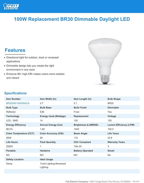 Feit Electric BR30 LED Light Bulb, 100W Equivalent, Dimmable, 1400 Lumens, E26 Standard Base, 5000K Daylight, 90 CRI, Flood Light Bulb for Recesse...