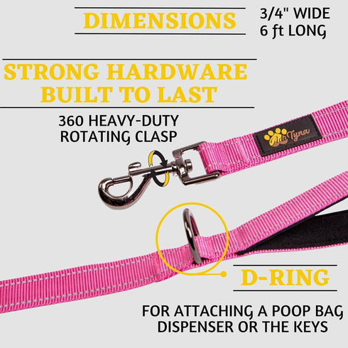 Adityna - Comfortable 6 ft Pink Dog Leash for Small, Medium, Large Dog Breeds - Double Handle Padded with Ultra Soft Neoprene - Heavy Duty, Reflec...