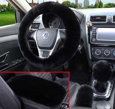 Dotesy 4 Pcs/Set Fluffy Faux Wool Car Steering Wheel Cover & Furry Auto Center Console Cover & Gear Shift Knob Cover & Handbrake Cover Universal W...
