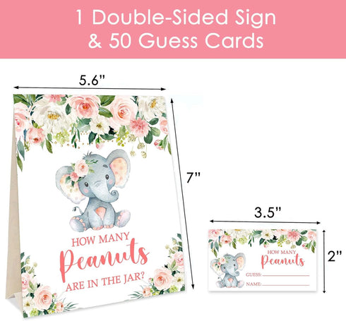 Yuzioey Pink Elephant Guess How Many Peanuts Baby Shower Game, 50 Cards and Matching Standing Sign, Girl Elephant Baby Shower Guessing Game...