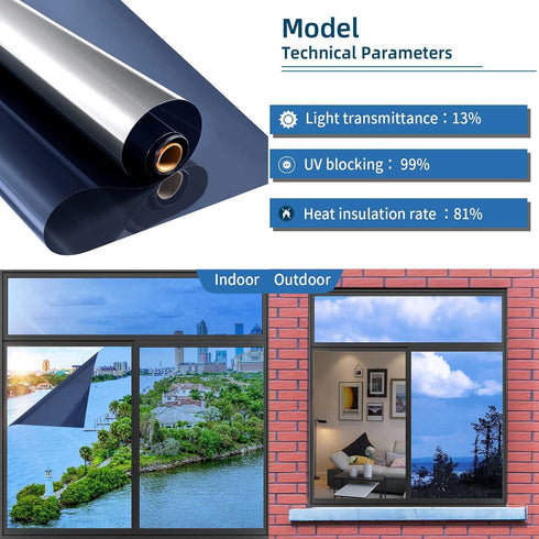 Heat control window film, window tint sun blocking blackout and UV protection, one-way privacy mirror reflective film,Explosion-proof Premium PET ...