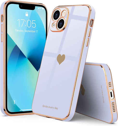 Teageo Compatible with iPhone 13 Case for Girl Women Cute Love-Heart Luxury Bling Plating Soft Back Cover Raised Full Camera Protection Bumper Sil...