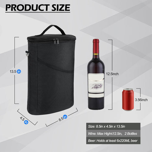 2 Bottle Wine Cooler Bag, Leakproof Insulated Padded Wine Gift Tote Carrier with Handle and Adjustable Shoulder Strap, for Travel, Wine Tasting, P...