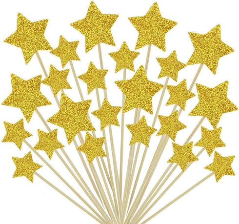 Hvogvok 72 pcs Cupcake Toppers, Twinkle Gold Star DIY Glitter Mini Birthday Cake Snack Decorations(Star)...