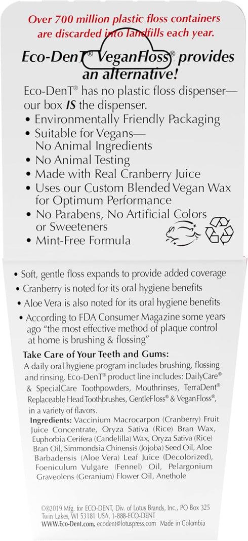 Eco-Dent VeganFloss Dental Floss, Waxed, Cranberry-Aloe - Floss with Vegan Plant-Based Wax, Recyclable Cardboard Packaging, 100 Yds (Pack of 6)...