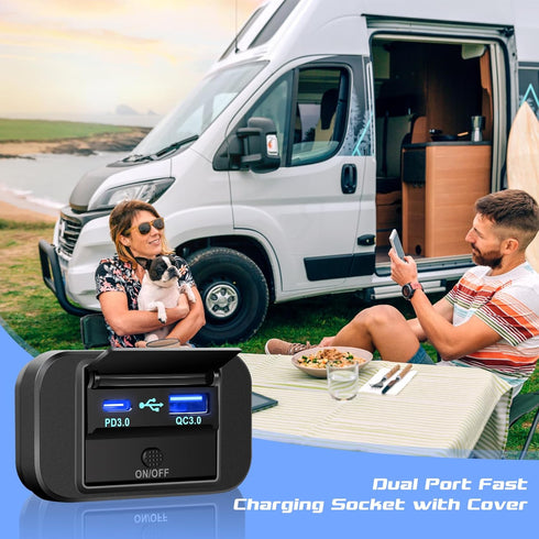 GemCoo 12V RV USB Outlet, 38W PD QC3.0 24V USB Car Charger Socket Power Outlet with Cover, 24V Car Charger Switch Panel Car Fast Charger Socket Po...
