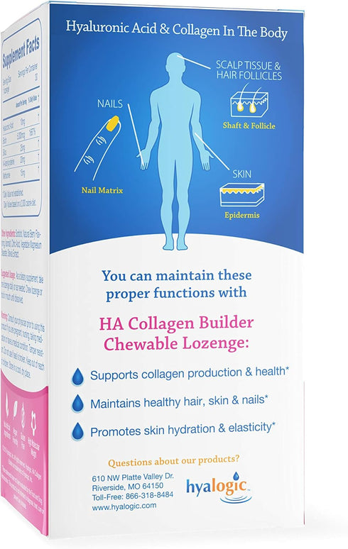 Hyalogic Hair Skin & Nails Hyaluronic Acid Collagen Builder – Delicious Berry Flavored Collagen Boost Chewable Lozenges – Sugar Free Vegan Collage...