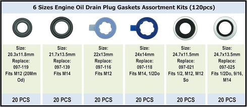 120PCS 6 Sizes Oil Drain Plug Gaskets Assortment Kits, Fit M12 M14 For FORD, replace 097-119, 097-139, 097-116, 097-118, 097-021, 097-025...