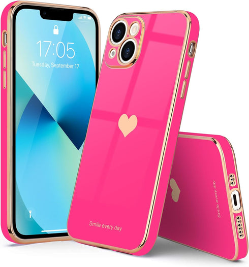 Teageo Compatible with iPhone 13 Case for Women Girl Cute Love-Heart Luxury Bling Plating Soft Back Cover Raised Full Camera Protection Bumper Sil...