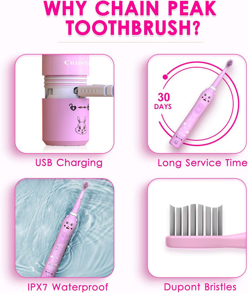 Kids Sonic Electric Toothbrush, Rechargeable Smart Toothbrush for Children, Toothbrush for Toddlers Boys Girls Age 3-12 with 30s Reminder, 2 Mins ...