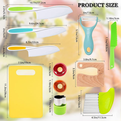 11 Pieces Wooden Kids Kitchen Knife, Kids Knife Set Include Wood Kids Knife, Serrated Edges Plastic Toddler Knife, Crinkle Cutter, Sandwich Cutter...