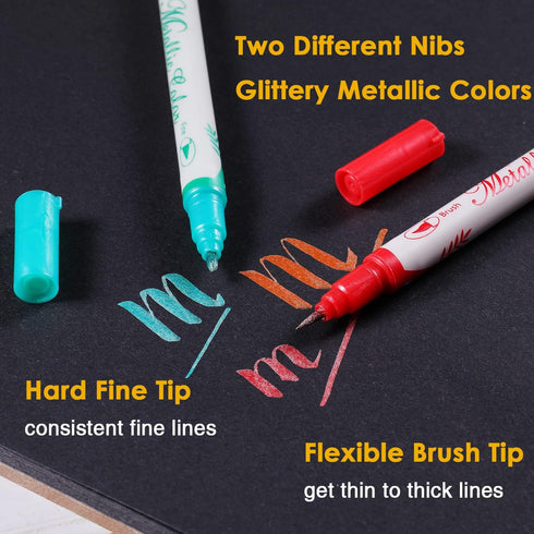 Dual Tip Metallic Marker Pens, Brush and Fine Point Pens for Black Paper, Rock Painting, Easter Egg, Halloween Pumpkin, Card Making, Metal, Cerami...