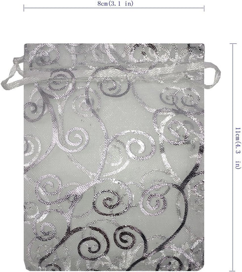 100pcs Sheer Organza Favor Bags For Wedding Baby Shower Rattan Print Gift Bags Samples Display Drawstring Pouches (3x4, silver)...