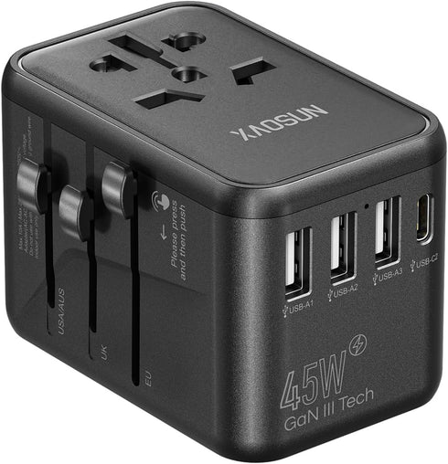 XAOSUN Universal Travel Adapter, 45W GaN travel plug adapter, International Charger AC Plug Adapter 3 USB-A & 2 Type-C, Worldwide Travel for Most ...