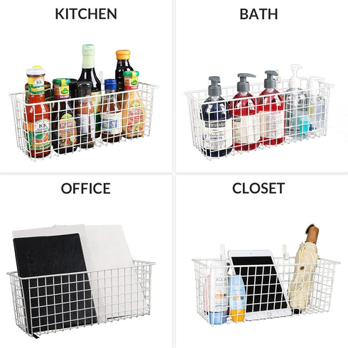 2 Sets Extra Large Hanging Wall Basket, White Metal Wire Baskets with Steel Hooks for Organizing, WallmountedFruit Vegetable Toy Snack Storage, Ho...