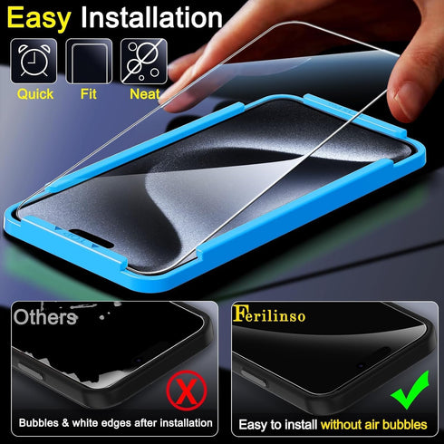 Ferilinso 4 Pack Screen Protector for iPhone 15 Pro with 4 Pack Tempered Glass Camera Lens Protector Phone Case Friendly Ultra Accessories Protect...
