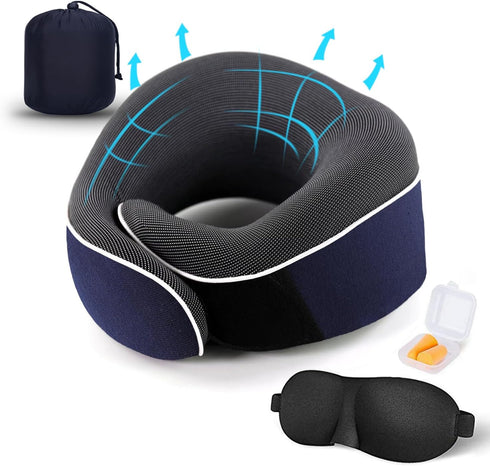 Travel Neck Pillow, Best Memory Foam Airplane Pillow for Head Support Soft Adjustable Pillow for Plane, Car & Home Recliner Use (Blue)...