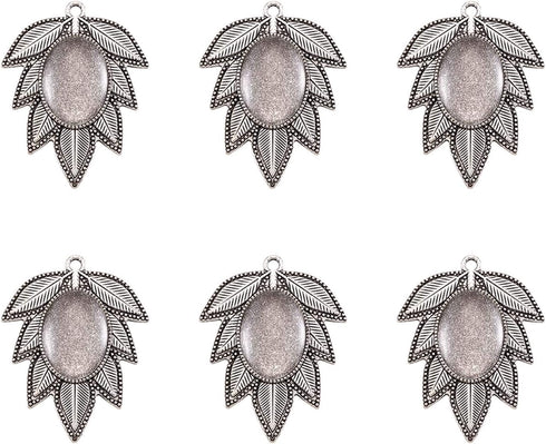 PH PandaHall Pandhall 6 Set Leaf Tibetan Antique Silver Alloy Pendant Cabochon Bezel Settings with Clear Glass Cabochons, Trays: 18x25mm...