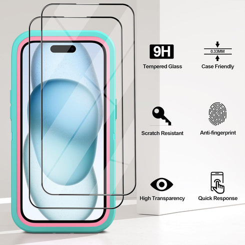 iPhone 15 Case with 2 Pack Screen Protector - Heavy Duty Shockproof Military Grade Drop Protective Full Body Rugged Dust-proof Cover(AquamarinePin...