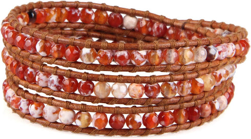 KELITCH Created Fire Agate Beads on Genuine Leather 3 Wrap Bracelet Handmade New Charm summer Jewelry...