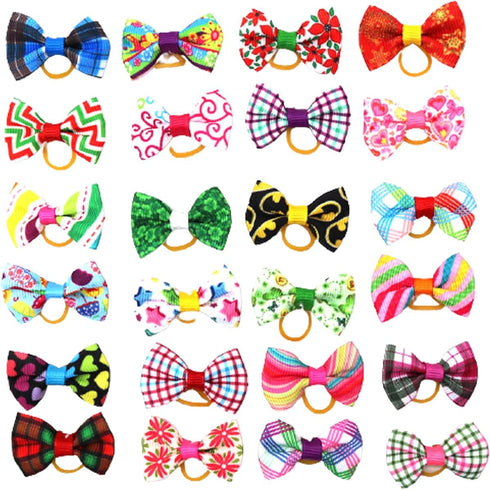 100Pcs Pet Dog Hair Bows Bowknot Topknot with Rubber Bands Cat Puppy Headdress Grooming Hair Accessories Random Color...