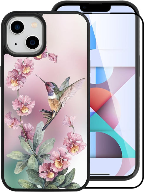 OOK Designed for iPhone 15 Case Built in Screen Protector Cute Blue Floral Flower Design for Women Girls Hard PC Back Anti Slip Shockproof Protect...