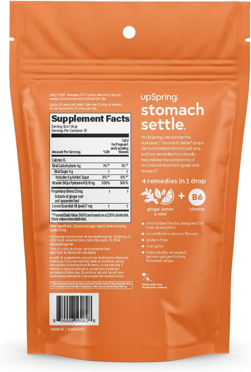UpSpring Stomach Settle Drops for Occasional Nausea Relief and Morning Sickness with Ginger, Lemon, Spearmint, and B6. Individually Wrapped Drops,...