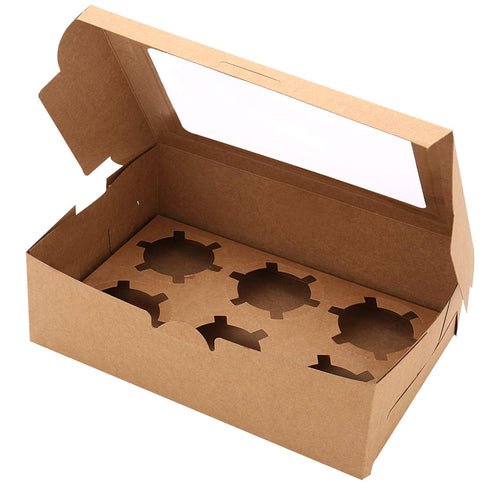 30-Set Cupcake Boxes with Inserts and Window Hold 6 Cupcakes, 9.4'' x 6.3'' x 3'', Brown Food Grade Kraft Cupcake Holder for Cookies, Muffins, Bak...