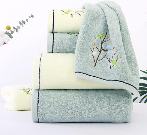 Pidada Hand Towels Set of 2 Embroidered Bird Tree Pattern 100% Cotton Absorbent Soft Decorative Towel for Bathroom (Aqua Green)...