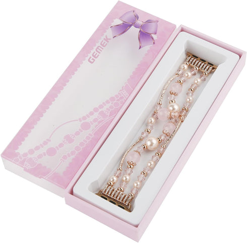 GEMEK Compatible With Apple Watch Band 38/40/41mm Rose Gold Women Pearl Bracelet Strap, Fashion Handmade Elastic Agate Replacement for iWatch Band...
