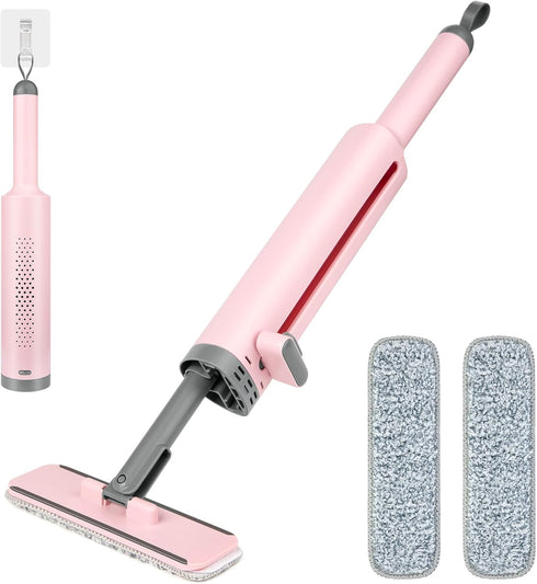 Portable Self-Squeeze Mini Mop, Short Mop Rotatable with Crevice Brush- 2 Reusable Microfiber Pads,Wet and Dry Use,Floor Window Cleaning System fo...
