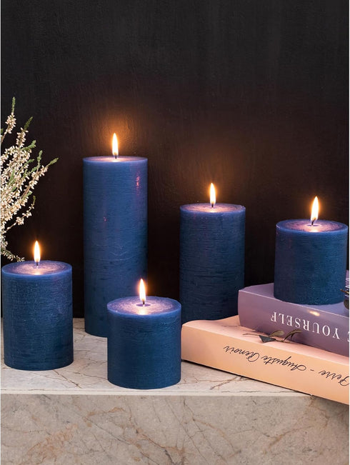 CANDWAX Large Pillar Candles 3x6 Inch – Set of 3 Unscented Dripless Dark Blue Candles, Rustic Finish for Weddings, Home Interior, Centerpieces...