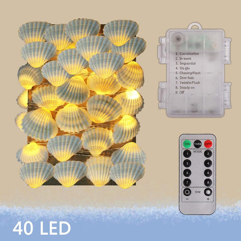 Natural Beach Seashell String Lights 13.85 Ft 40 Warm White LED Weatherproof Battery Operated 8 Modes Ocean Lights for Holiday Parties Bedrooms We...