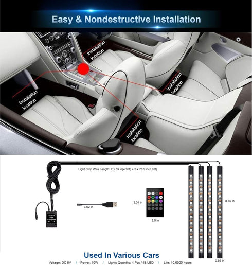 Led Interior Car Lights, Controller Led Lights for Cars, Multicolor Music Underglow Lighting Kits with Wireless Control and Sound Active Function,...