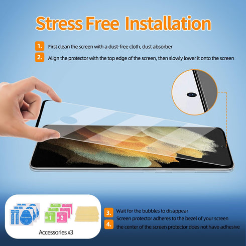 3 Pack Curved Tempered Glass Screen Protector Applicable for Samsung Galaxy S21 Ultra 5G 6.8inch, Support Fingerprint ID Friendly Tempered Glass S...
