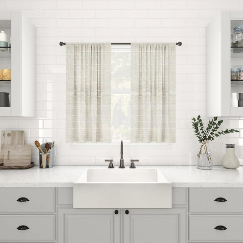 Clean Window Textured Slub Stripe 2-Pack Anti-Dust Allergy/Pet Friendly Sheer Cafe Curtain Pair, Linen, 52" W x 24" L (2 Panels)...