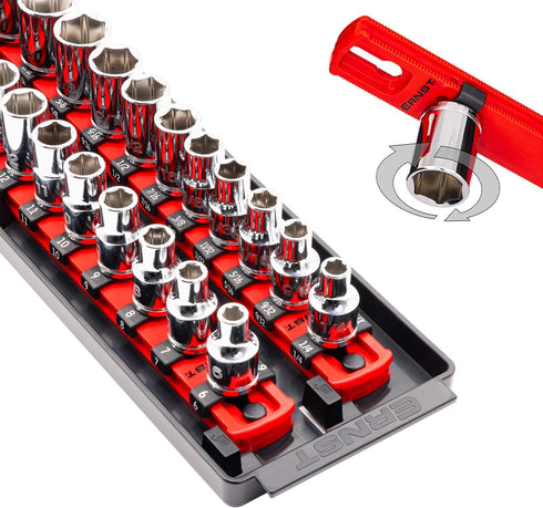 Ernst Mfg. 8493 RD Socket BOSS Tray High-Density System with (2) Red 13" Socket Rail + (28) Twist Lock Clips, 3/8" Drive - Made in USA...