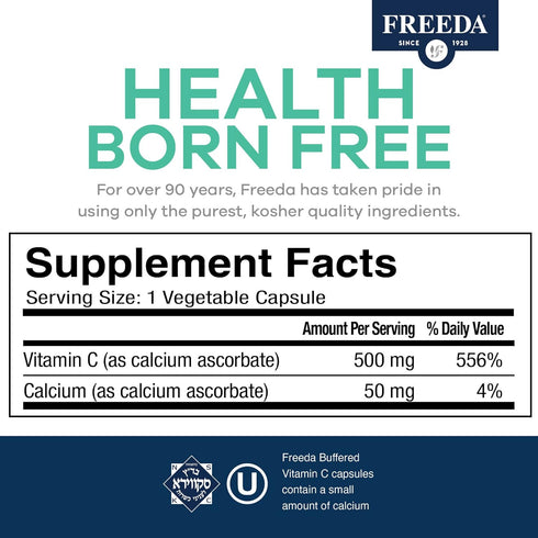 FREEDA Vitamin C - Buffered Vitamin C 500mg - Kosher - Powerful Antioxidant Immune Support - Sensitive Stomach Vitamins C Capsules Calcium Ascorba...