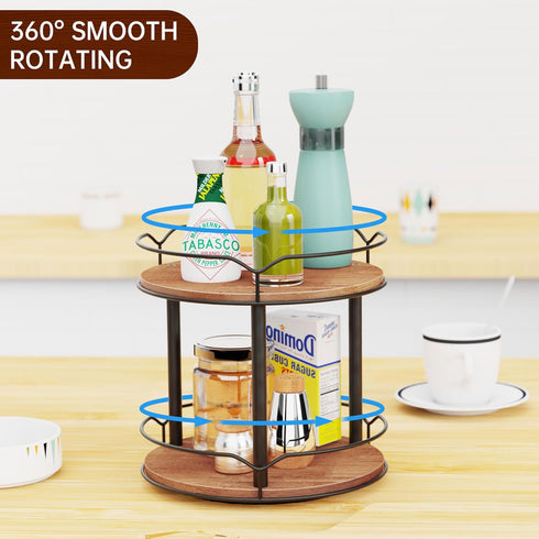 Lazy Susan Organizer 2 Tier - Turntable Spice Rack for Table Top, Wooden Rotating Lazy Susan for Cabinet Pantry Kitchen Countertop Dining Table Cu...