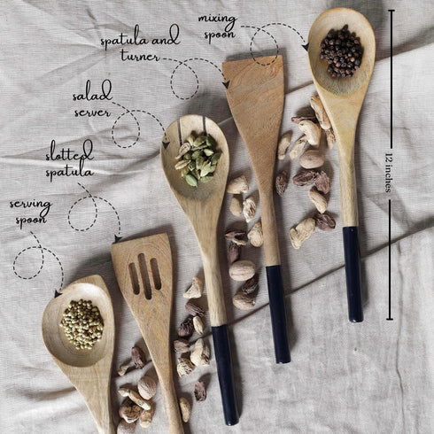 The Art Box Wooden Cooking Spoon Utensils Set of 5 - Kitchen Serving Tools Non-Stick Cookware 12 Inch Wooden Fork, Corner Spoon, Slotted Turner, S...
