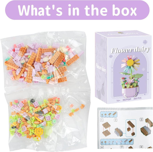 Mini Building Block Flower Toy for Kids 360 Pcs, Creative Potting Building Blocks Flowers, Plant Series for Kids Artificial Flower Toy Gifts for A...