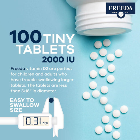 FREEDA Vitamin D2 2000 IU – Vegan Vitamin D for Bone Strength & Immune Support – Vegan Ergocalciferol D2 Supplement – 100 Tiny Tablets...