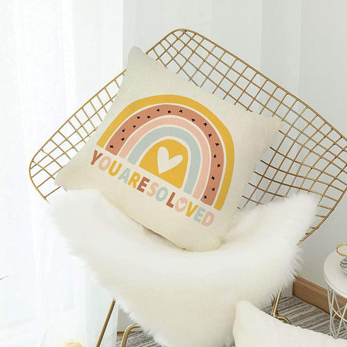Boho Rainbow Home Decorative Throw Pillow Cover, You are So Loved Inspirational Quote Heart Cushion Case 18x18 for Girls Kids Bedroom Nursery Deco...